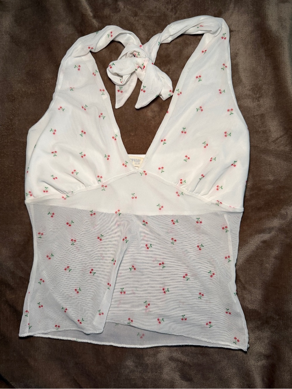 See You Monday White Halter Cami with Pink Cherry Print Sheer Mesh Bottom S
